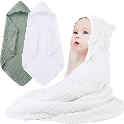 Dyues 2PCS Hooded Baby Towels - Muslin Cotton Baby Bath Towel for Newborns, Infants, Toddlers Size - Soft & Absorbent, 31x31Inch White+Green