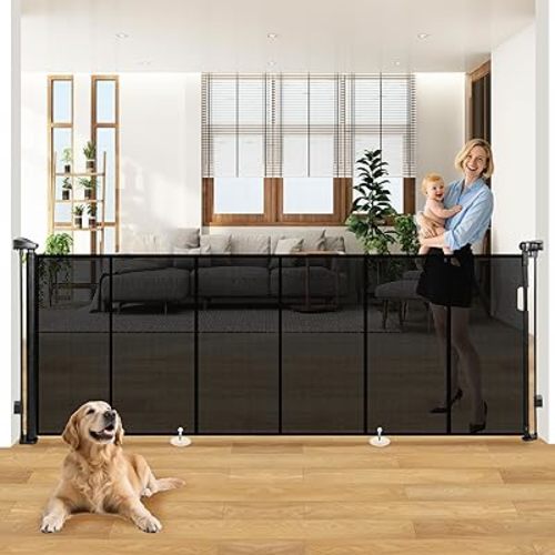 120" Extra Wide Retractable Baby Gates Dog Gate, Long Mesh Gate Pet Gate for Large Opening, 34" Extra Tall Child Safety Gate with Reinforced Strips for Stairs Hallways Doorways Deck Indoor Outdoor