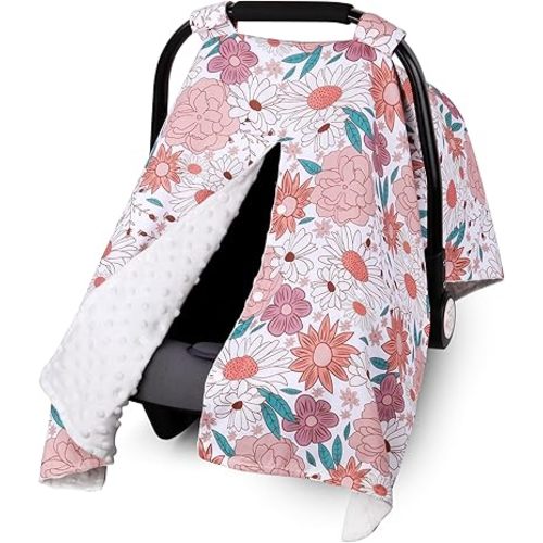 Metplus 2 in 1 Flowers Baby Car Seat Cover, Car Seat Canopy for Babies, Mom Multiuse Nursing Cover, Minky Baby Carrier Covers, Newborn Boy Girl, Peekaboo Opening