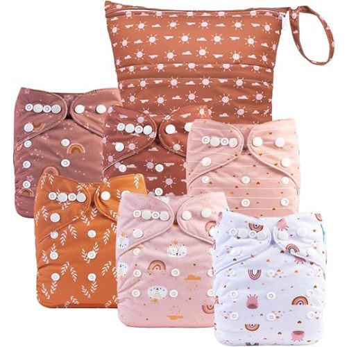 babygoal Cloth Diaper Covers 6 Pack with Wet Bag for Fitted Diapers and Prefolds with Double Gussets, Adjustable and Reusable for Baby Boys and Girls 6DCF12-B