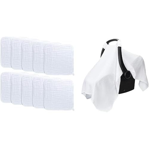 Comfy Cubs Muslin Cotton Baby Towels and Muslin Cotton Baby Car Seat Cover Bundled