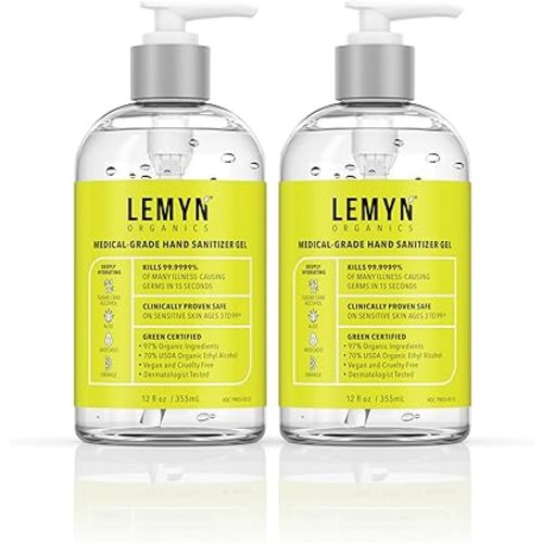 Medical Grade Hand Sanitizer Gel - 97% ORGANIC - 12 FL.OZ. (PACK OF 2)