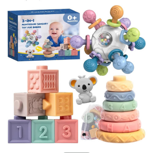 Montessori Baby Toys 3-in-1 Set for Sensory Development, Teething Toys, and Early Education - Gift for Toddler Baby 0-3-6-12-18 Months