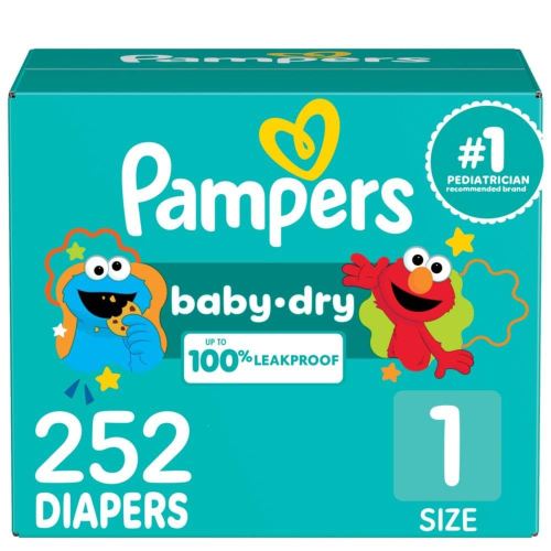 Pampers Diapers - Baby Dry - Size 1, 252 Count, Absorbent Disposable Infant Diaper (Packaging May Vary)