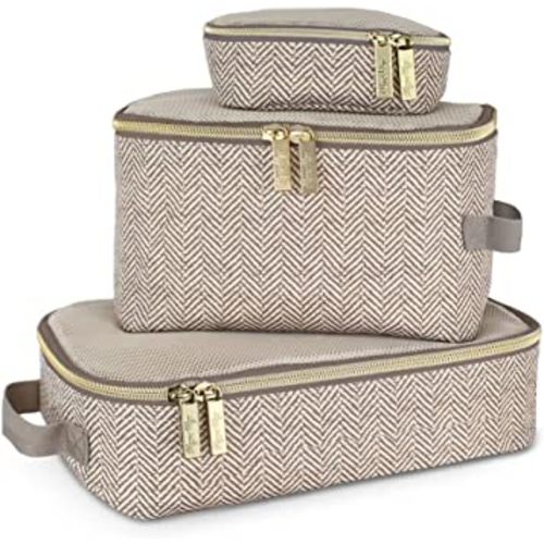 Itzy Ritzy Packing Cubes - Set of 3 Packing Cubes or Travel Organizers; Each Cube Features a Mesh Top, Double Zippers and a Fabric Handle; Taupe