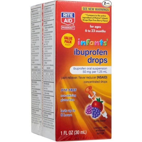 Rite Aid Infant Ibuprofen Dye Free, Berry Flavor - 2 Bottles of 1 Fl Oz, Infant Pain Reliver, For Ages 6 to 23 Months, 50mg per 1.25 mL - 1 Fl Oz (Pack of 2)