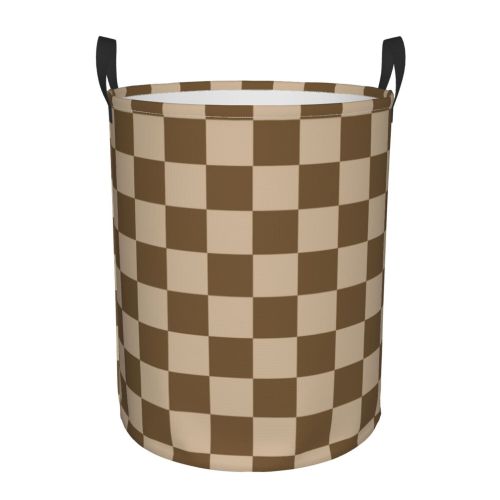 TEQUAN Waterproof Laundry Hampers, Checkerboard Brown Pattern Clothes Storage Basket with Handle (M)