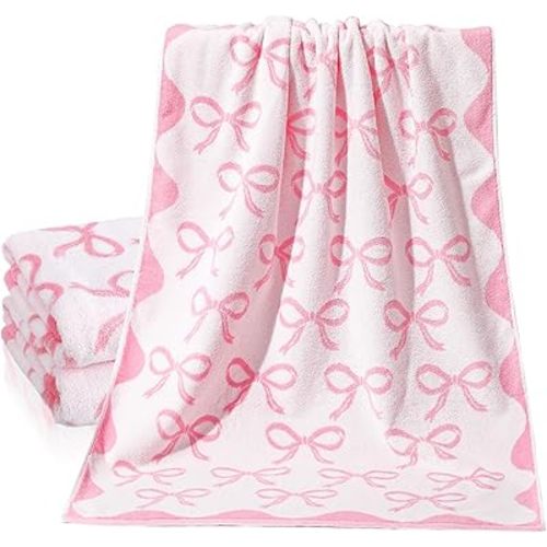 2 Pcs Pink Bow Bathroom Towels 100% Cotton Coquette Bow Bath Towels 28 x 55 Inch Absorbent Soft Preppy Bathroom Decor for Spa Gym Kitchen Women Gifts