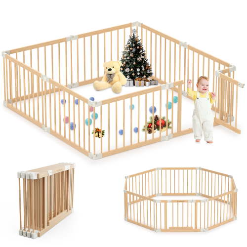 TouHeart Wooden Playpen for Baby & Toddlers, Foldable Large Baby Play Fence Yards with Gate, 8 Panels, 69"x69"x24"