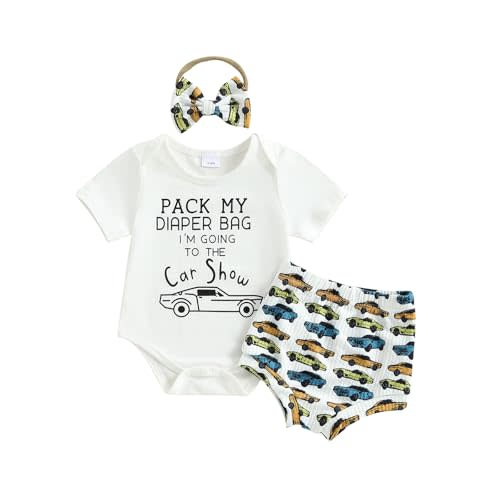 Muasaaluxi Newborn Baby Girl Summer Clothes Short Sleeve Letter Print Romper Car/Western Patterns Shorts Headband Set 0-18M