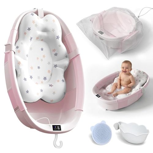 Collapsible Baby Bathtub - Large Baby Bath Tub with Thermometer | Bath Essential Bañera para Bebe Easy Fold Baby Tub | Travel Infant Newborn Toddler Bathtub for Baby Girl Boy 0 to 36 Months (Pink)