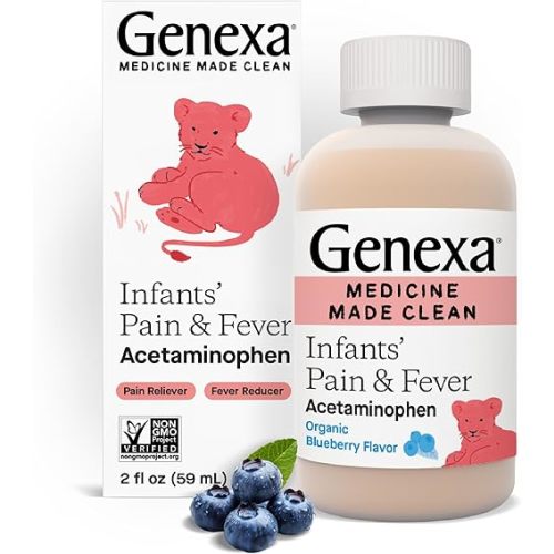 Genexa Infants’ Pain and Fever Reducer | Baby Acetaminophen, Dye Free, Liquid Oral Suspension Medicine for Infant | Delicious Organic Blueberry Flavor | 160 mg per 5mL | 2 Fluid Ounces