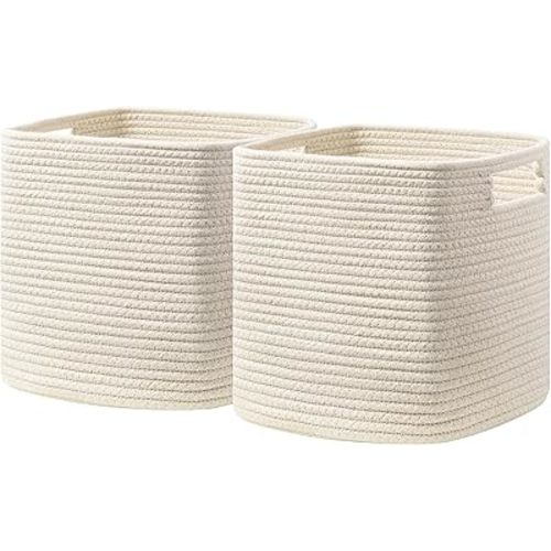 UBBCARE Storage Cubes 11 Inch, Cotton Rope Woven Baskets for Organizing, Cube Storage Bin for Baby Nursery, 2-Pack Square Toy Storage Baskets for Shleves Organizer, Closet, Kidsroom, Beige
