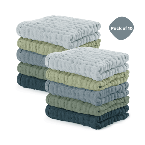 Comfy Cubs Baby Washcloths, Muslin Cotton Baby Towels, Large 10”x10” Wash Cloths (Multi Boy, Pack of 10)