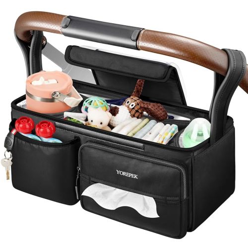 YOREPEK Heavy Duty Stroller Caddy Fits for UPPAbaby Vista/Minu/Cruz/G-Luxe, Stroller Organizer with 2 Insulation Cup Holder, Storage Attachment with Multiple Pockets for Baby Accessories, All Black