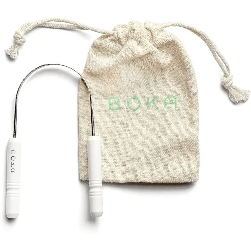 Boka Tongue Scraper for Adults & Kids with Case - Stainless Steel Tongue Cleaner w/Linen Travel Pouch - Scrubber to Remove Tongue Buildup and Freshen Breath (Pack of 1)