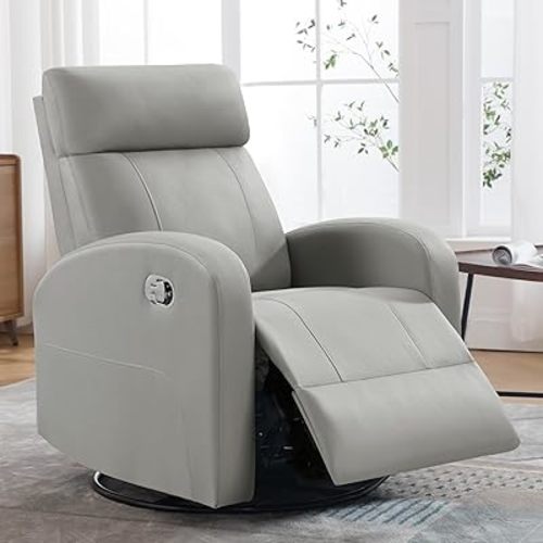 Swivel Rocker Recliner Chair, Manual Faux Leather Recliner, Glider Rocking Recliners 360°Swivel Nursery Reclining Chairs with Adjustable Headrest Highback for Living Room, Grey