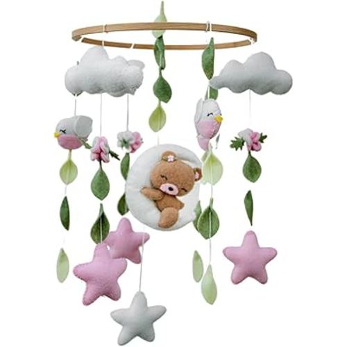 Girl Teddy Bear Mobile for Crib, Felt Ball Mobile Bear Crib Mobile Pink Bear Baby Shower, Gift Baby Nursery Decor Kids Mobile, Bear Stars Bird Mobile