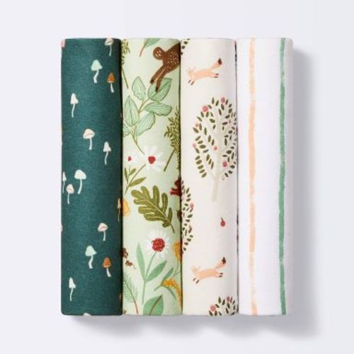 Flannel Baby Blanket Fauna - Green/White/Pink - 4pk - Cloud Island™: Botanical Pattern, Nature Theme, 30"x30"