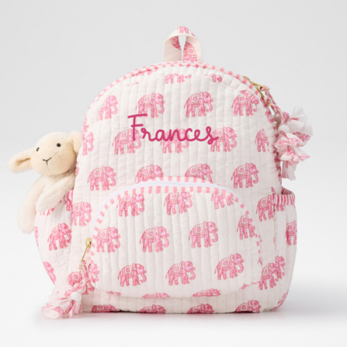 Block Print Quilted Backpack - Pink Elephant