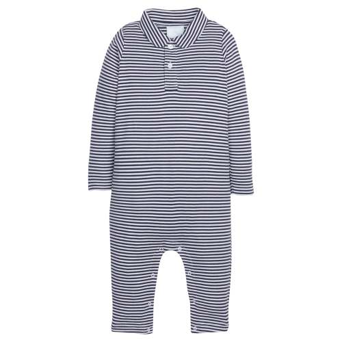 Long Sleeve Polo Romper - Navy Stripe