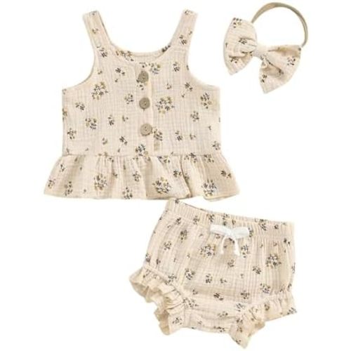 Kayotuas Infant Baby Girl Summer Clothes Floral Halter Sleeveless Tank Top Ruffle Shorts Cute Bow Headband 3 Piece Outfit Set