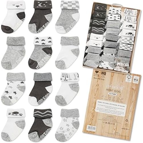 Baby Socks 12 Pairs - Non-Slip Infant Grip for Newborns & Toddlers 0-6 Months, Boys & Girls, Safe for Walking