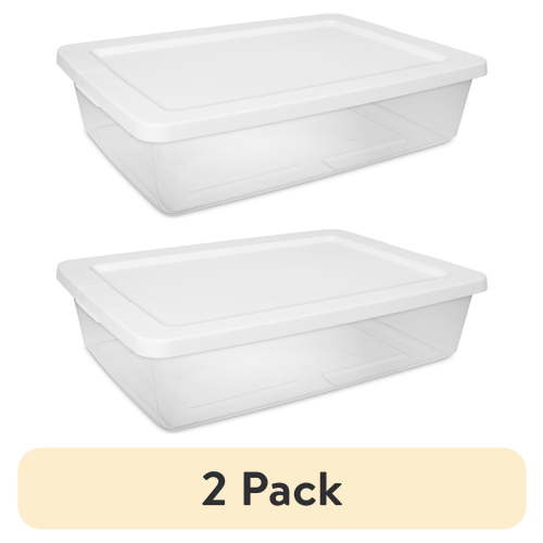 (2 pack) Sterilite Small Storage Bin, 28 Quart Clear Plastic Storage Container with Snap-On Lid, White