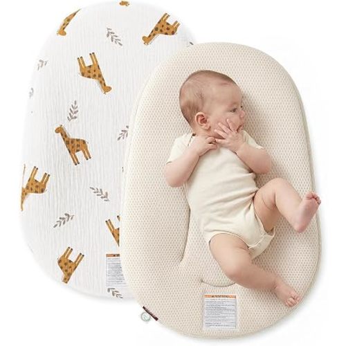 Momcozy Baby Lounger, Infant Support Cushion with Soft Natural Cotton Cover, Great for Newborns, Portable & Machine Washable, Giraffe Print