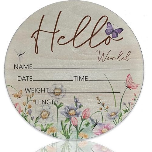 Baby Announcement Sign for Newborn Boys and Girls, Hello World Newborn Sign, Nursery Wall Décor, Baby Name Sign, Butterfly Theme Birch Wood 6 inch Circle Board Birth Stat Sign, Newborn Gifts