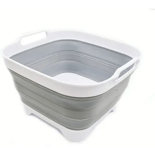 SAMMART 10L (2.64 gallon) Collapsible Dishpan with Draining Plug - Foldable Washing Basin - Portable Dish Washing Tub - Space Saving Kitchen Storage Tray (1, White/Grey)
