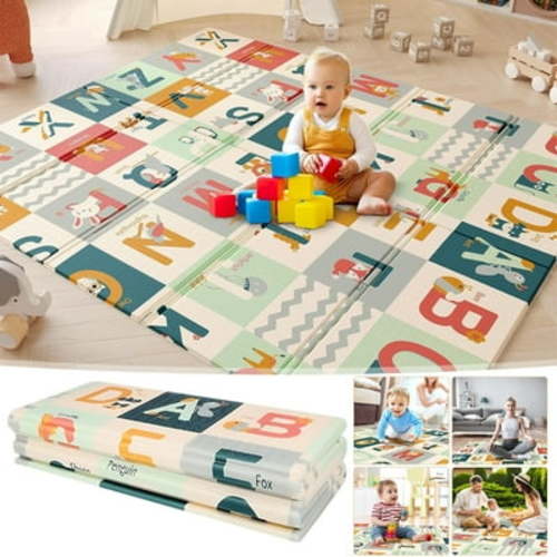 Baby Play Mat, Large Foam Crawling Playmat, Foldable Reversible Waterproof Non Toxic Portable Floor Mat with Letters and Numbers for Baby 177×148×1cm