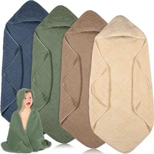 Peryiter 4 Pcs Muslin Hooded Baby Towels,32"x 32" Cotton Newborn Bath Towel Muslin Infant Baby Blankets Absorbent Unisex Newborn Registry Gift for Girls Boys (Green)