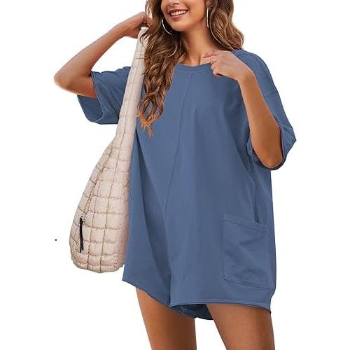 Yeokou Rompers for Women Casual Short Sleeve Oversized Athletic Workout Reversible Hot Shot Tee Romper Deep Pockets