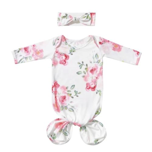 Baby Knotted Gown Newborns 0-6 Months, Soft Breathable Newborn Sleeper Gowns, Baby Girl Coming Home Outfit Essential Gift Watercolor Floral with Headband Set