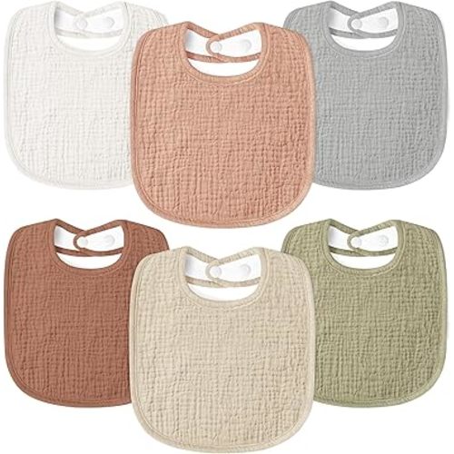Muslin Baby Drool Bibs 6Pack Soft Square Adjustable Baby Bandana Bibs for Unisex Girls & Boys - Brown