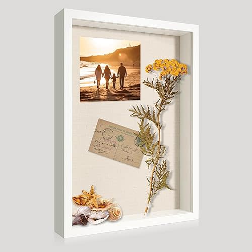 12x16 Large Shadow Box Picture Frame Display Case with Soft Linen Back, White Wooden Memory Shadow Box Frame with Tempered Glass Cover for Wall Display