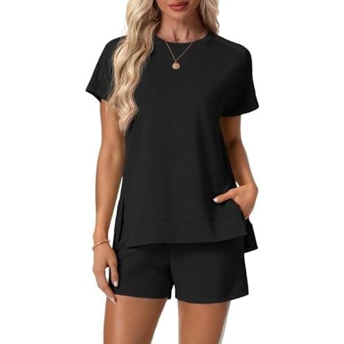 Lepunuo 2 Piece Short Sets for Women Summer Outfits Short Sleeve Tops Elastic Waist Shorts Lounge Set Vacation Travel Outfits