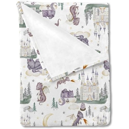 HawSkgFub Cute Dragon Fairy Tale Baby Blanket Girl Shower Gift, Purple Castle Cloud Moon Star Flannel Fleece Nursery Bed Receiving Blankets, Soft Lightweight Newborn Infant Toddler Crib Bedding 30x40