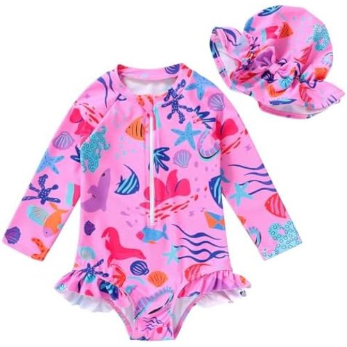 Infant Baby Girl Swimsuit One-Piece Long Sleeve Rash Guard with Hat Set Floral Zipper Bathing Suit Leopard Beach Wear