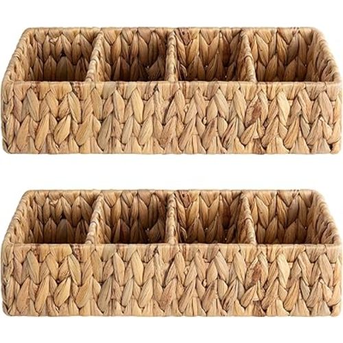 StorageWorks Small Wicker Basket for Organizing with 4-Section, Natural Water Hyacinth Storage Baskets with Dividers for Pantry Shelves, 2-Pack