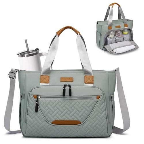 FHELAD Diaper Bag Tote, Large Tote Diaper Bag with 16" Laptop Compartment, Baby Bag with Insulated Pocket for Mam and Dad, Ideal for Travel, Work (Morandi Grey) | Dual stroller hooks, Working Parents, 3 Insulated Pocket