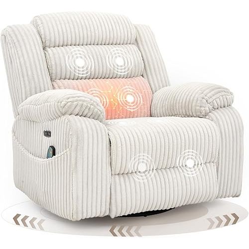 Power Swivel Rocker Recliner Chair for Adults with Massage and Heat, USB and Type-C Charging Port, Infinite Position, Electric Glider Rocking Chairs for Living Room, Nursery, White