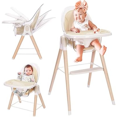 Baby High Chair, 6-in-1 Convertible Wooden High Chair, Recline Chair with Adjustable Hardwood Leg, High Chairs for Babies and Toddlers, Double Dishwasher Safe Tray & Premium Leatherette