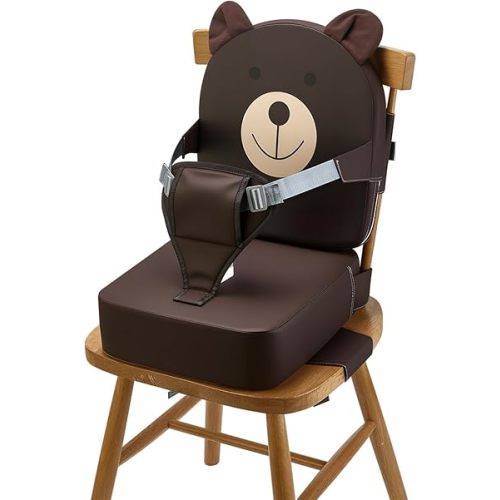 Booster Seat for Kitchen Chair, Toddler Kids Booster Seats for Dining Table with Backrest and Adjustable Strap, Portable PU Waterproof Travel Baby Boy Girl Booster Increasing Cushion (Khaki, OneSize)