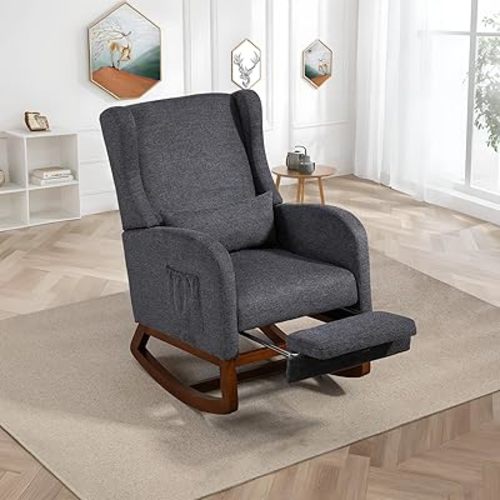 Modern Rocking Chair Nursery Glider, Comfy Rocker Nursery Chair with Foot Rest, Accent Reading Armchair with Pillow and Pocket, Upholstered Lounge Rocker with Solid Wood Base for Relaxing (Charcoal)
