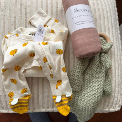 Bee onesie and mookie swaddle