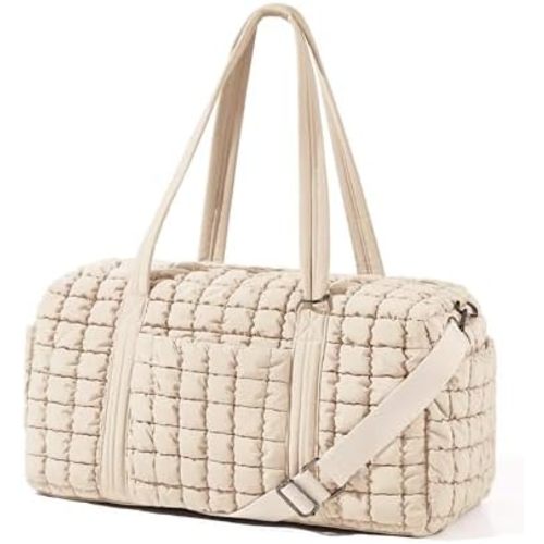 Quilted Travel Duffle Bag for Women Weekender Bag Large Puffer Overnight Bags Soft Puffy Duffel Bag Carry on Gym Bag Lightweight Personal Item Travel Bag for Trips Business Sport Airplane (Beige)