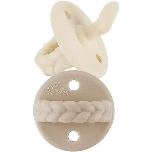 Itzy Ritzy Silicone Orthodontic Pacifiers - Sweetie Soother Pacifiers with Collapsible Handle & Two Air Holes for Added Safety, Baby Pacifiers for Ages 6-18 Months (Buttercream & Toast)