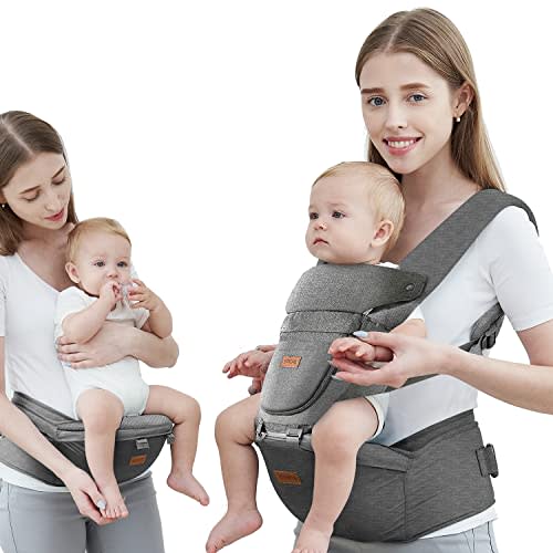 Baby Carrier with Hip Seat, Baby Carrier Newborn to Toddler, 6-in-1 Ways to Carry, All Seasons, Adjustable Baby Holder Carrier for Breastfeeding (Grey)